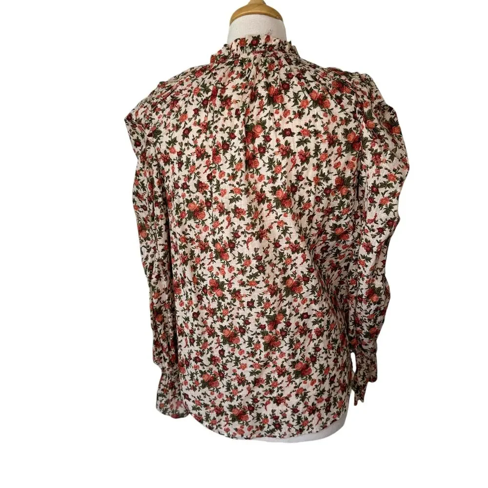 FREE PEOPLE Meant to Be Blouse Vintage Combo Boho Floral  Puff Sleeve SMALL